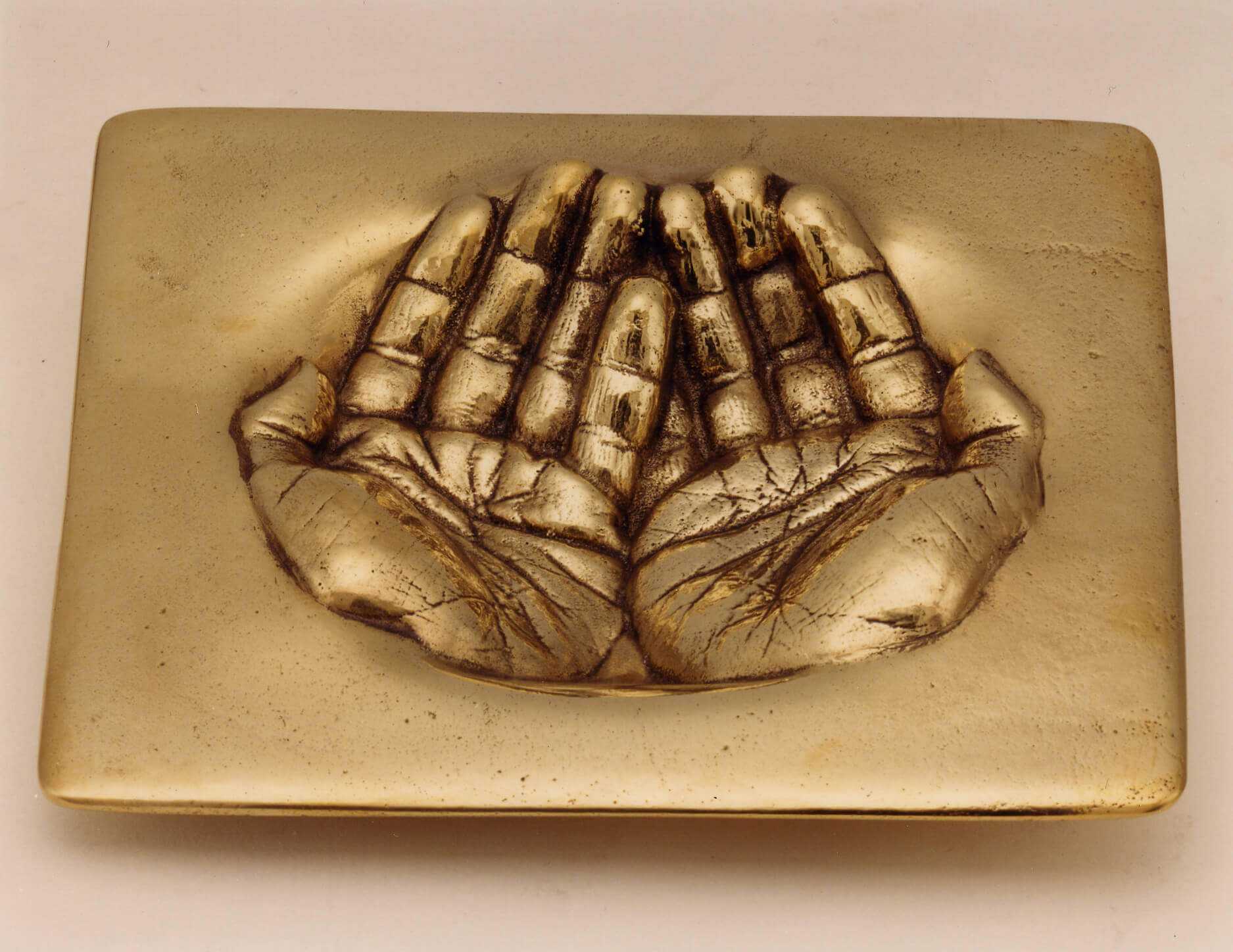 Stelios Gavalas aluminium box sculpture of a pair of hands