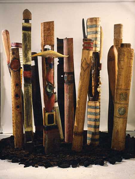 Stelios Gavalas 1992-1994 sculptures. Made with wood and ceramics.