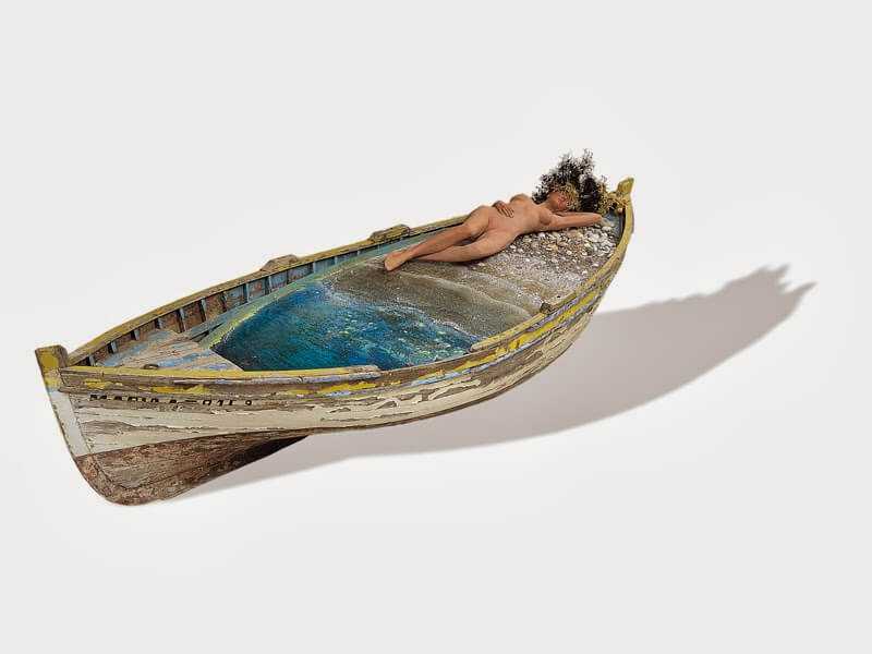 Stelios Gavalas sculpture of a traditional wooden fisherman's boat with a beach in the inside - 2.