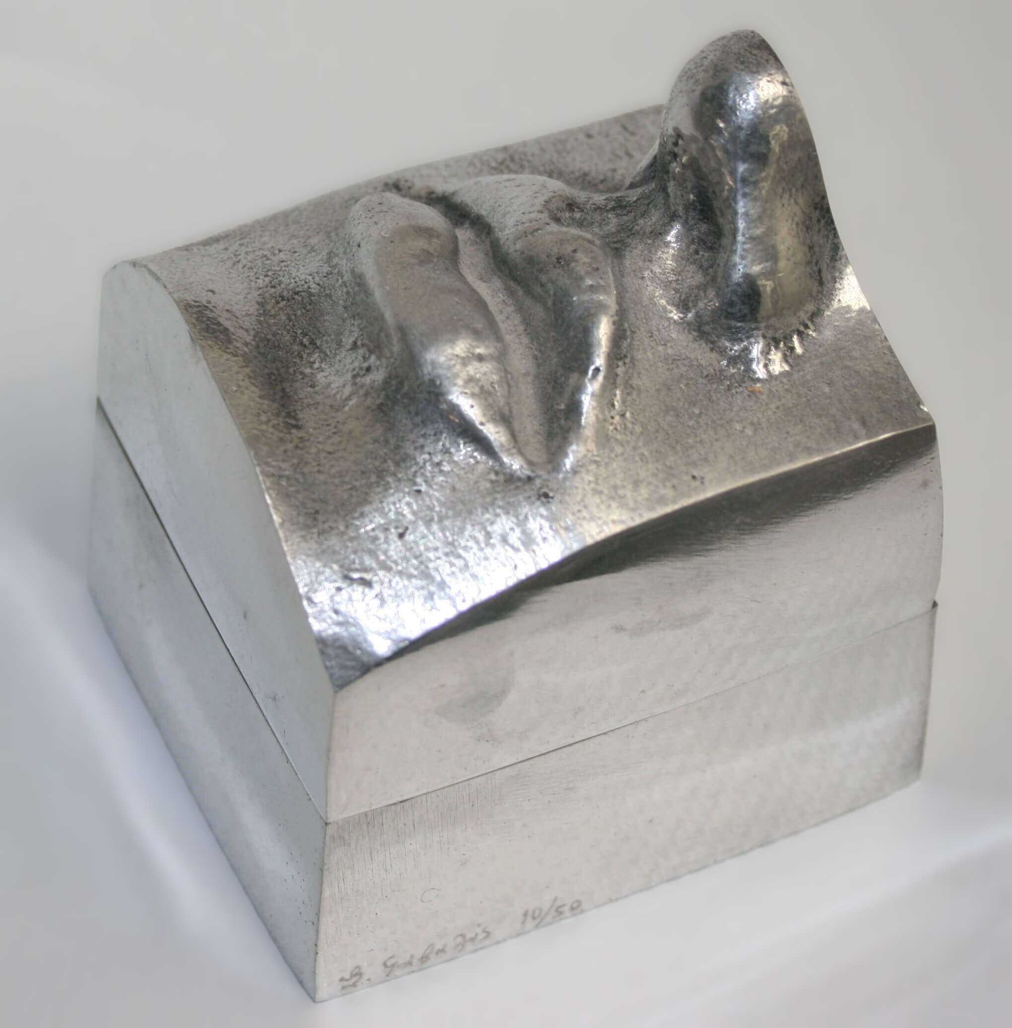 Stelios Gavalas aluminium box sculpture of a silver face of ancient Greek statue - 2.