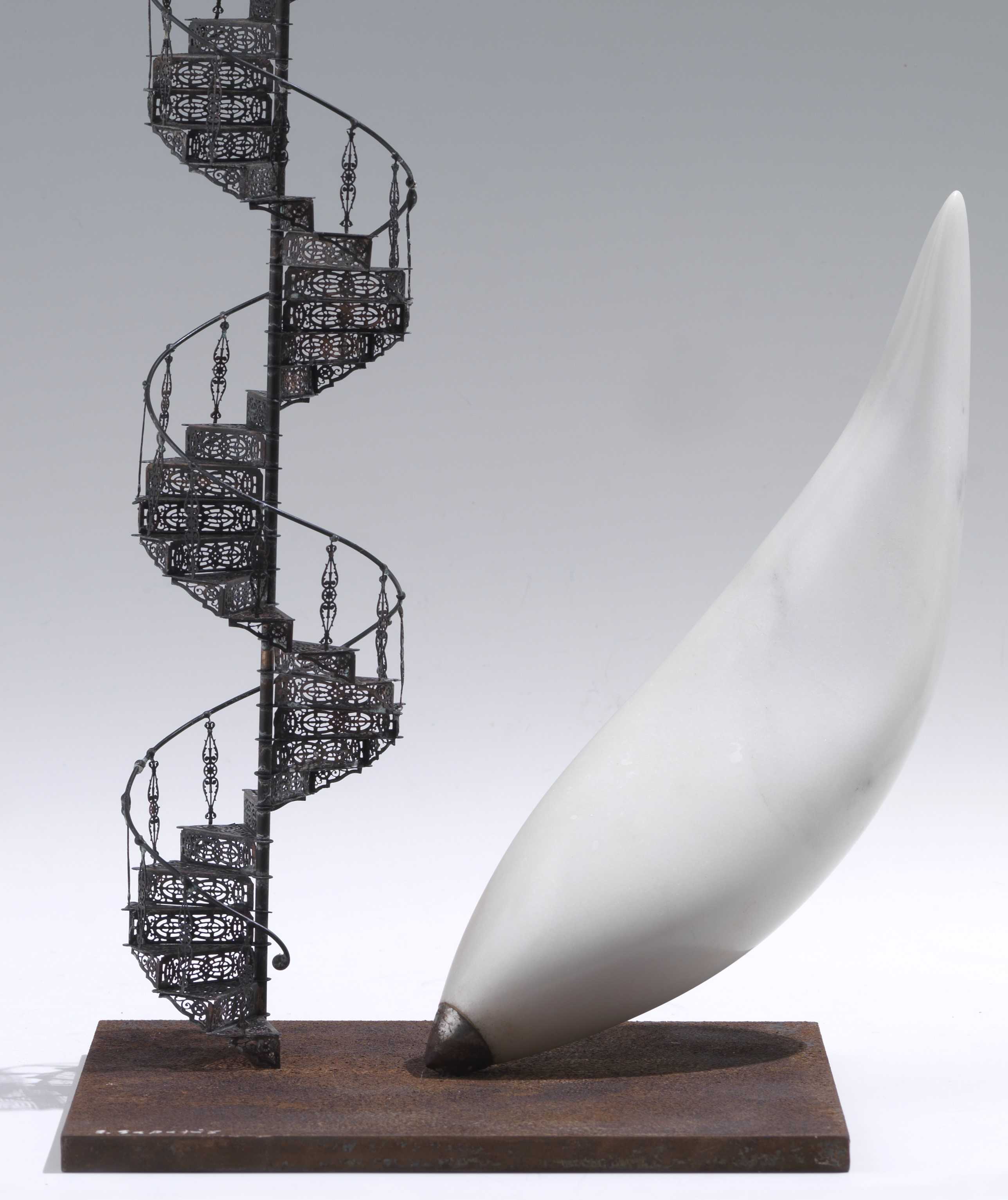 Stelios Gavalas Utopia sculptures. Depecting a metal staircase with a marble figure next to it - 3.