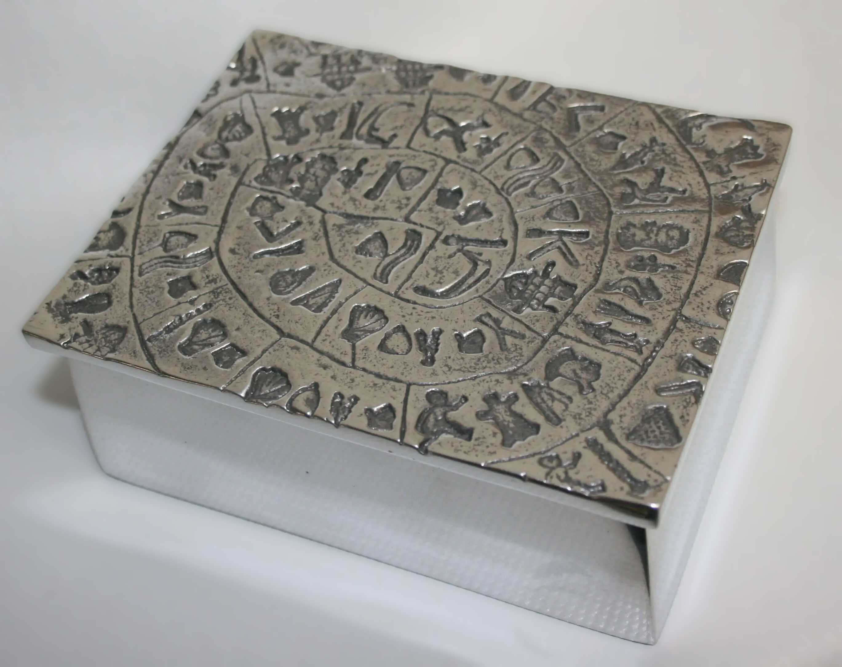Stelios Gavalas aluminium box sculpture of a Phaistos Disc Box.