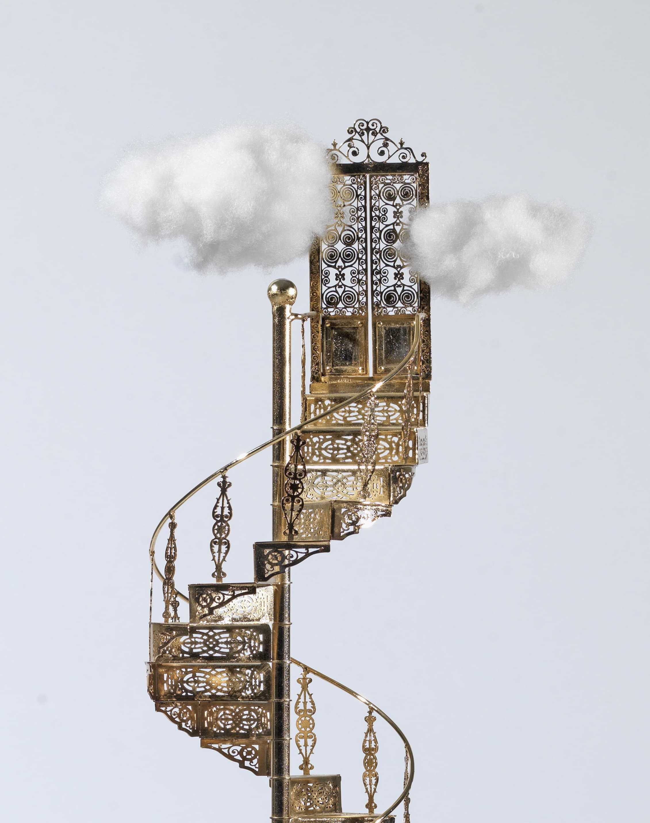 Stelios Gavalas Utopia sculptures. Depecting a gold staircase - 2.