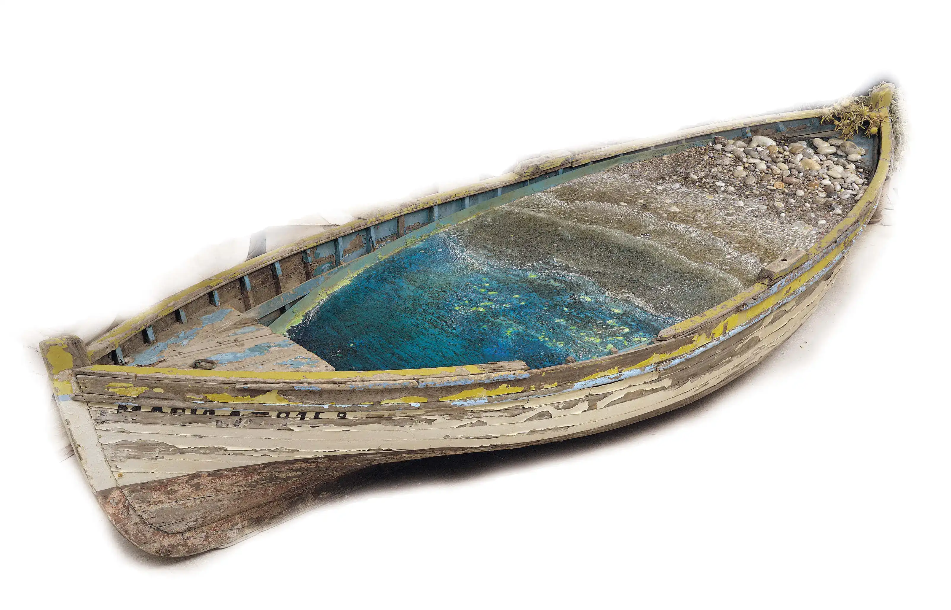 Stelios Gavalas sculpture of a traditional wooden fisherman's boat with a beach in the inside - 3.